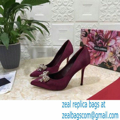 Dolce  &  Gabbana Heel 10.5cm Satin Pumps Burgundy with Crystal Bow 2021